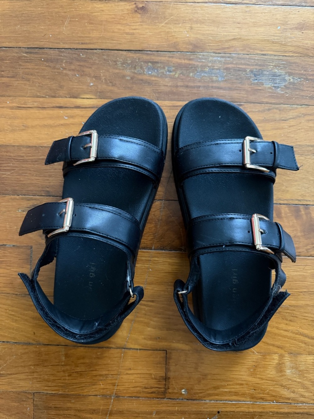 Madden Girl Black Double-Buckle Slide Sandals with Gold Buckles